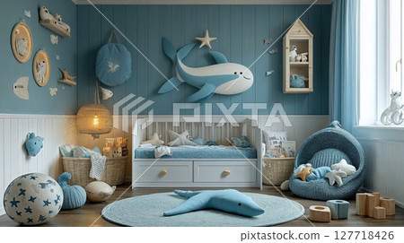 Cozy and playful whale-themed children's bedroom decorated with soft blue tones, plush toys, marine-inspired decor, and a soothing atmosphere perfect for kids Cozy and playful whale-themed children's bedroom decorated with soft blue tones, plush toys, marine-inspired decor, and a soothing atmosphere perfect for kids 127718426