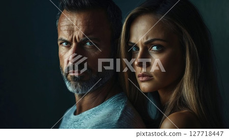 A dramatic close-up portrait of a man and woman with piercing blue eyes, set against a dark background, exuding confidence, intensity, and mystery 127718447