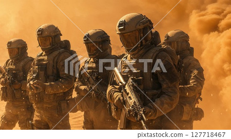 A group of soldiers equipped with tactical gear standing united in a dusty battlefield, symbolizing resilience, teamwork, and courage under harsh conditions 127718467