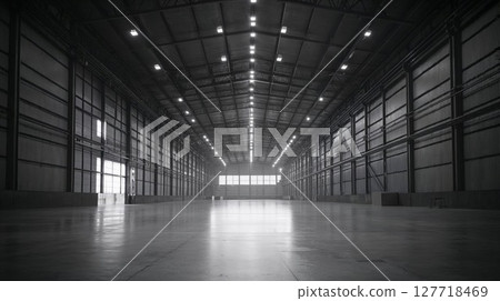 Vast industrial warehouse interior with high ceilings, steel walls, and bright overhead lighting. Ideal for logistics, manufacturing, or storage themes Vast industrial warehouse interior with high ceilings, steel walls, and bright overhead lighting. Ideal for logistics, manufacturing, or storage themes 127718469