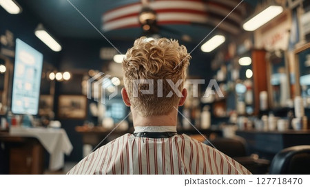 Rear view of a man with blonde curly hair in a classic barbershop, showcasing vintage decor and barbering tools under warm lighting Rear view of a man with blonde curly hair in a classic barbershop, showcasing vintage decor and barbering tools under warm lighting 127718470