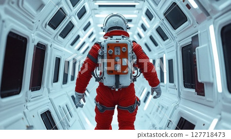 Retro-futuristic astronaut in red spacesuit standing in white spacecraft corridor, combining classic sci-fi aesthetic with modern design elements Retro-futuristic astronaut in red spacesuit standing in white spacecraft corridor, combining classic sci-fi aesthetic with modern design elements 127718473