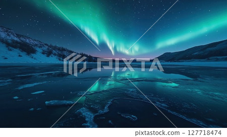 Northern Lights (Aurora Borealis) dance across starry sky over frozen lake landscape. Vibrant turquoise lights reflect perfectly in icy surface against snowy mountain backdrop 127718474