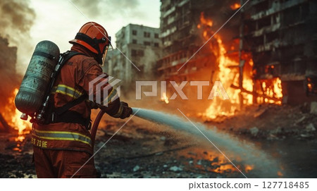 A brave fireman is utilizing a hose to extinguish a raging fire 127718485