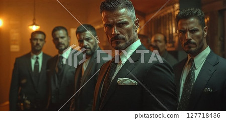Group of well-dressed businessmen in dark suits standing in dimly lit corridor with dramatic cinematic lighting. Professional portrait emphasizing power, authority and masculine confidence 127718486
