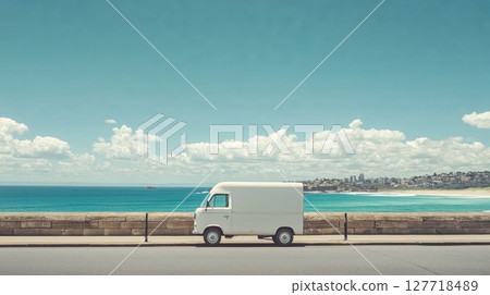 Vintage delivery van parked along coastal road with turquoise ocean and city skyline backdrop. Classic white van against stunning beach landscape with fluffy clouds 127718489