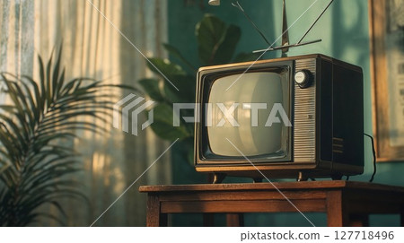 Vintage television set with antenna on wooden table against retro interior background with houseplants. Nostalgic 70s home decor atmosphere in warm tones 127718496