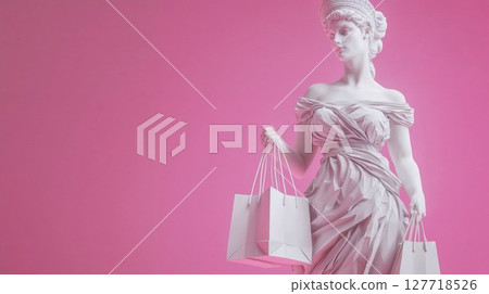 Classical white marble statue reimagined as a modern shopper, holding shopping bags against a pink background, creating a humorous blend of ancient art and contemporary consumerism Classical white marble statue reimagined as a modern shopper, holding shopping bags against a pink background, creating a humorous blend of ancient art and contemporary consumerism 127718526
