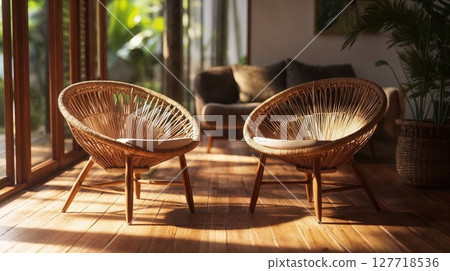 Two wicker chairs sit on a sunlit wooden floor in a cozy, tropical-inspired interior with greenery and soft shadows, creating a warm and inviting ambiance 127718536