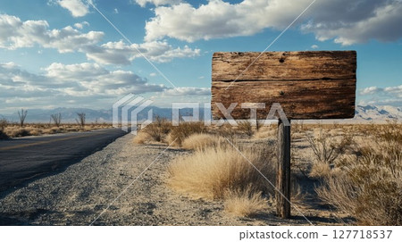 An empty wooden sign stands by a desolate desert road under a vast sky with scattered clouds, creating a scene of open space, solitude, and rustic simplicity 127718537