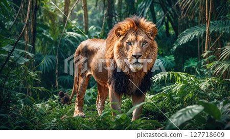 In the center of a lush green forest, a lion is proudly standing In the center of a lush green forest, a lion is proudly standing 127718609