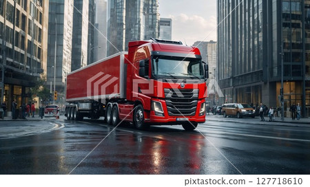 A bright red semi-truck with a large trailer navigates through a wet, reflective city street surrounded by tall modern buildings, capturing urban transport in a bustling environment 127718610