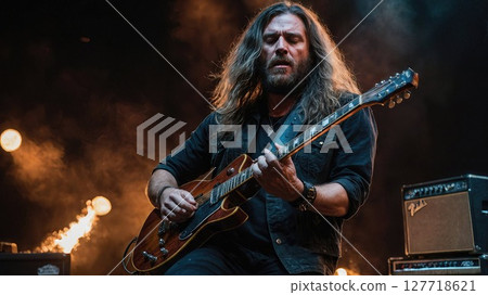 Passionate musician with long hair and rugged appearance playing an electric guitar on stage, surrounded by dramatic lighting and smoke, creating a powerful rock atmosphere 127718621