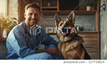 smiling veterinarian in scrubs sitting beside a happy German Shepherd. The setting appears warm and inviting, likely a clinic or home environment with plants and wooden furniture in the background 127718624