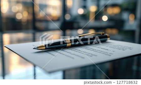A luxury black and gold pen rests on a document, placed on a glass table in a softly lit office setting, exuding professionalism and elegance A luxury black and gold pen rests on a document, placed on a glass table in a softly lit office setting, exuding professionalism and elegance 127718632