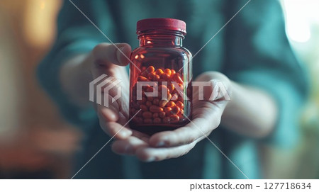 A pair of hands holding a small glass bottle filled with orange-red pills or capsules, photographed with shallow depth of field against a teal-colored background 127718634