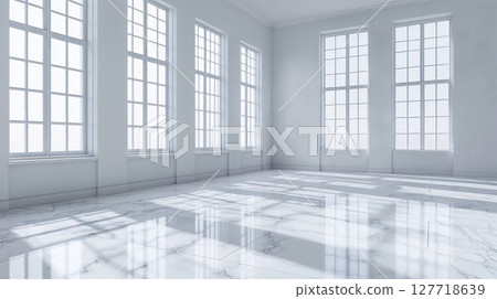 Luxurious empty white room with marble floors and tall Georgian windows. Bright minimalist interior with natural light casting geometric shadows through window panes Luxurious empty white room with marble floors and tall Georgian windows. Bright minimalist interior with natural light casting geometric shadows through window panes 127718639