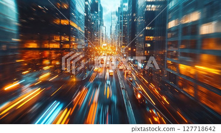 A somewhat unclear and blurry image of a city street at night time 127718642