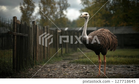 ostrich standing in an enclosed area with fencing on both sides, surrounded by dry, sandy ground and sparse trees. The scene has a calm, natural feel, suggesting a wildlife or zoo environment ostrich standing in an enclosed area with fencing on both sides, surrounded by dry, sandy ground and sparse trees. The scene has a calm, natural feel, suggesting a wildlife or zoo environment 127718645