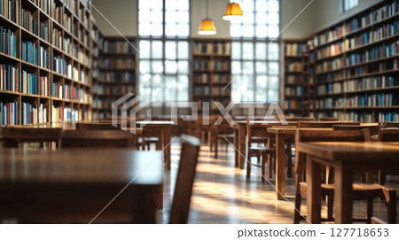 A quiet, sunlit library with rows of wooden tables and chairs, surrounded by tall shelves filled with books, creating a peaceful study atmosphere 127718653