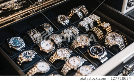 A drawer that is filled to capacity with numerous watches and bracelets A drawer that is filled to capacity with numerous watches and bracelets 127718654