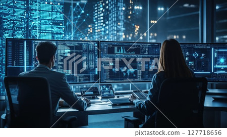Two specialists monitoring multiple screens displaying data analytics, global maps, and cybersecurity information in a dark control room illuminated by blue digital displays 127718656