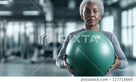 Confident mature African American woman holding exercise ball at gym. Silver-haired senior in grey activewear demonstrates healthy, active lifestyle and wellness focus 127718660