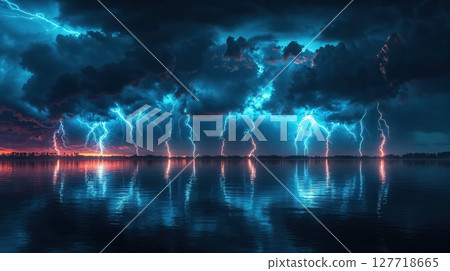 During the night, lightning strikes dramatically over a body of water 127718665