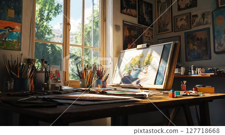 well-lit artist's studio with a large wooden table covered in brushes, paints, and an ongoing painting of a landscape. Sunlight pours in through a large window 127718668