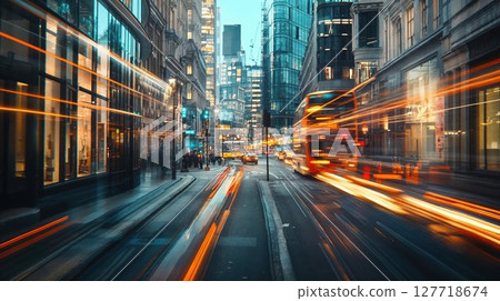 Dynamic urban street scene with light trails from traffic against modern city architecture. Evening cityscape with blurred motion capturing speed and energy of metropolitan life 127718674