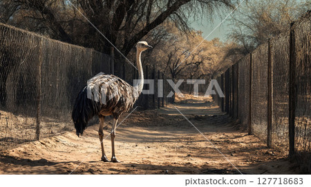 An ostrich is gracefully walking down a dirt path alongside a wooden fence An ostrich is gracefully walking down a dirt path alongside a wooden fence 127718683