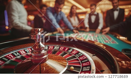 A lively group of people is enthusiastically playing roulette in a casino 127718689