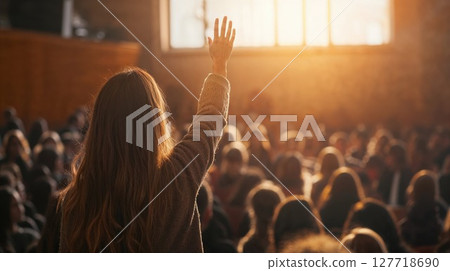 A person with long hair raises their hand in a crowd during a worship or concert gathering, backlit by warm golden sunlight streaming through windows 127718690