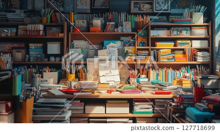 A cluttered desk and shelves filled with various books, notebooks, stationery, and art supplies create an atmosphere of creativity and organization within a study or art workspace A cluttered desk and shelves filled with various books, notebooks, stationery, and art supplies create an atmosphere of creativity and organization within a study or art workspace 127718699