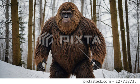 A furry monkey with a beard sits quietly in the woods 127718733