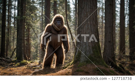 A bigfoot creature is standing right next to a tree in the woods A bigfoot creature is standing right next to a tree in the woods 127718738