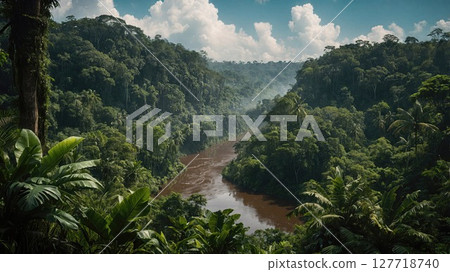 Majestic aerial view of a dense tropical rainforest with a winding river cutting through lush green foliage under a blue sky, capturing the vastness and beauty of the Amazon Majestic aerial view of a dense tropical rainforest with a winding river cutting through lush green foliage under a blue sky, capturing the vastness and beauty of the Amazon 127718740