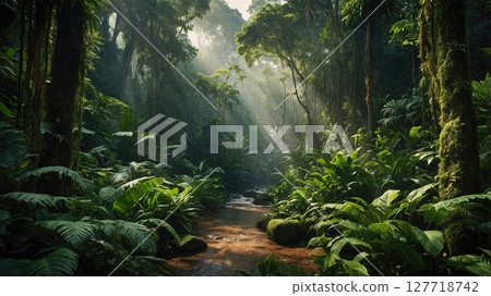 Lush rainforest scene with sunlight streaming through dense trees, illuminating vibrant green foliage and a rocky stream, creating a serene and untouched jungle atmosphere 127718742