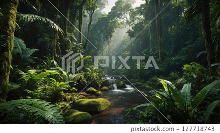Lush rainforest scene with sunlight streaming through dense trees, illuminating vibrant green foliage and a rocky stream, creating a serene and untouched jungle atmosphere 127718743