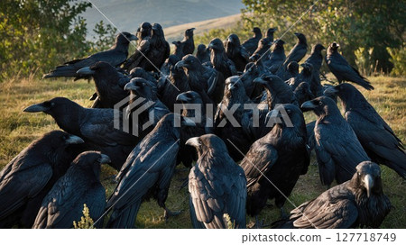 A large flock of ravens gathered closely on the ground in a grassy field, creating a dramatic and eerie scene with their glossy black feathers and sharp beaks 127718749