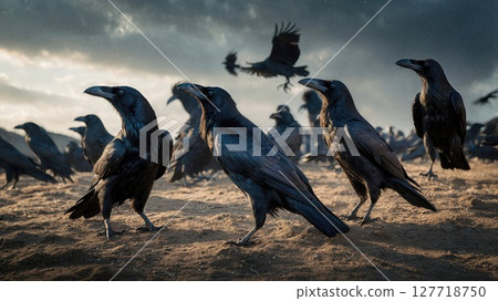 A sizable flock of black birds can be seen standing on the ground 127718750