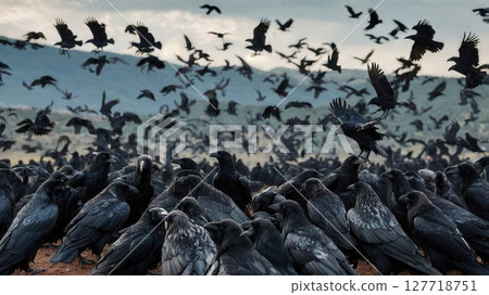 Dramatic gathering of ravens and crows creating dark silhouettes against cloudy sky. Large murder of corvids perched and flying together showcases mysterious gothic atmosphere 127718751