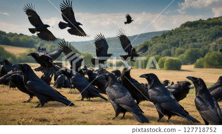 A dynamic scene of ravens both perched and in flight over a grassy field, surrounded by a natural landscape with trees and hills, creating an atmospheric and mysterious setting 127718752