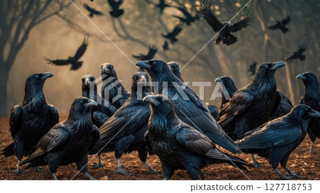 A group of ominous black ravens perched and flying in a foggy forest setting, symbolizing mystery, darkness, and gothic atmosphere 127718753