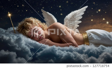 Ethereal depiction of a sleeping angel with white wings and golden curls, resting on clouds under a starry sky, holding a glowing arrow, symbolizing innocence and peace 127718754