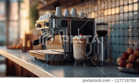 modern espresso machine on a counter with a glass mug of a frothy coffee drink topped with whipped cream and a raspberry. The setting is a cozy cafe 127718789