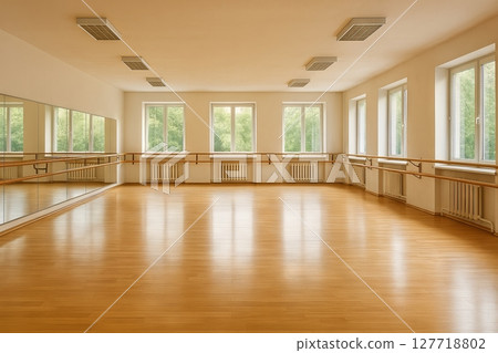 Spacious wooden dance studio with large windows and mirrors for ballet practice and dance lessons on bright day. concept of dance, open space, artistic expression 127718802