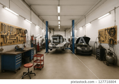 Busy car repair workshop with cars lifted on hydraulic jacks surrounded by various tools and equipment. concept of vehicle maintenance, automotive repair, garage work. 127718804