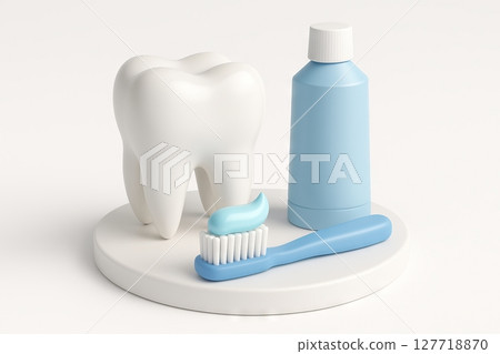 illustration of tooth, toothbrush, and toothpaste on circular platform. concept of dental care, oral hygiene, teeth protection, white background 127718870