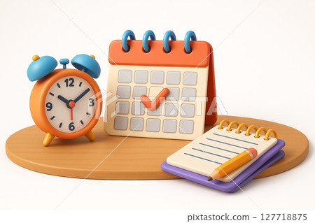 Alarm clock and calendar with checkmark and notepad on wooden platform. concept of productive time management, planning, organization, white background 127718875